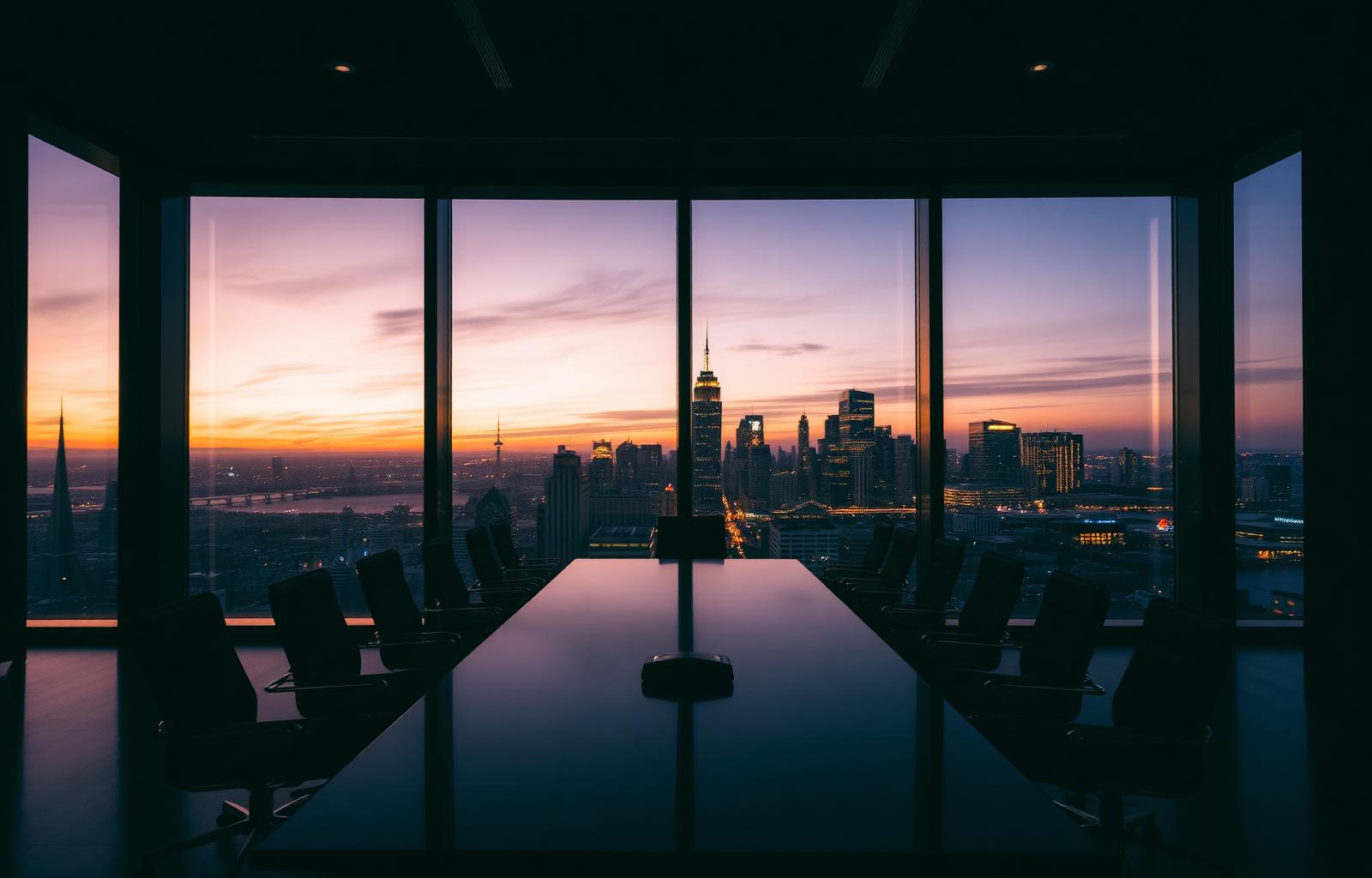 Boardroom overlooking a city skyline at dusk