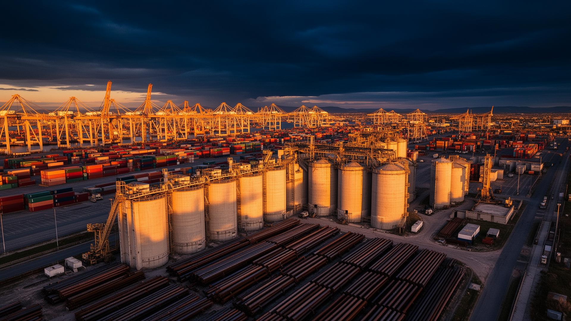 Global port handling cement silos, steel and containers at dusk